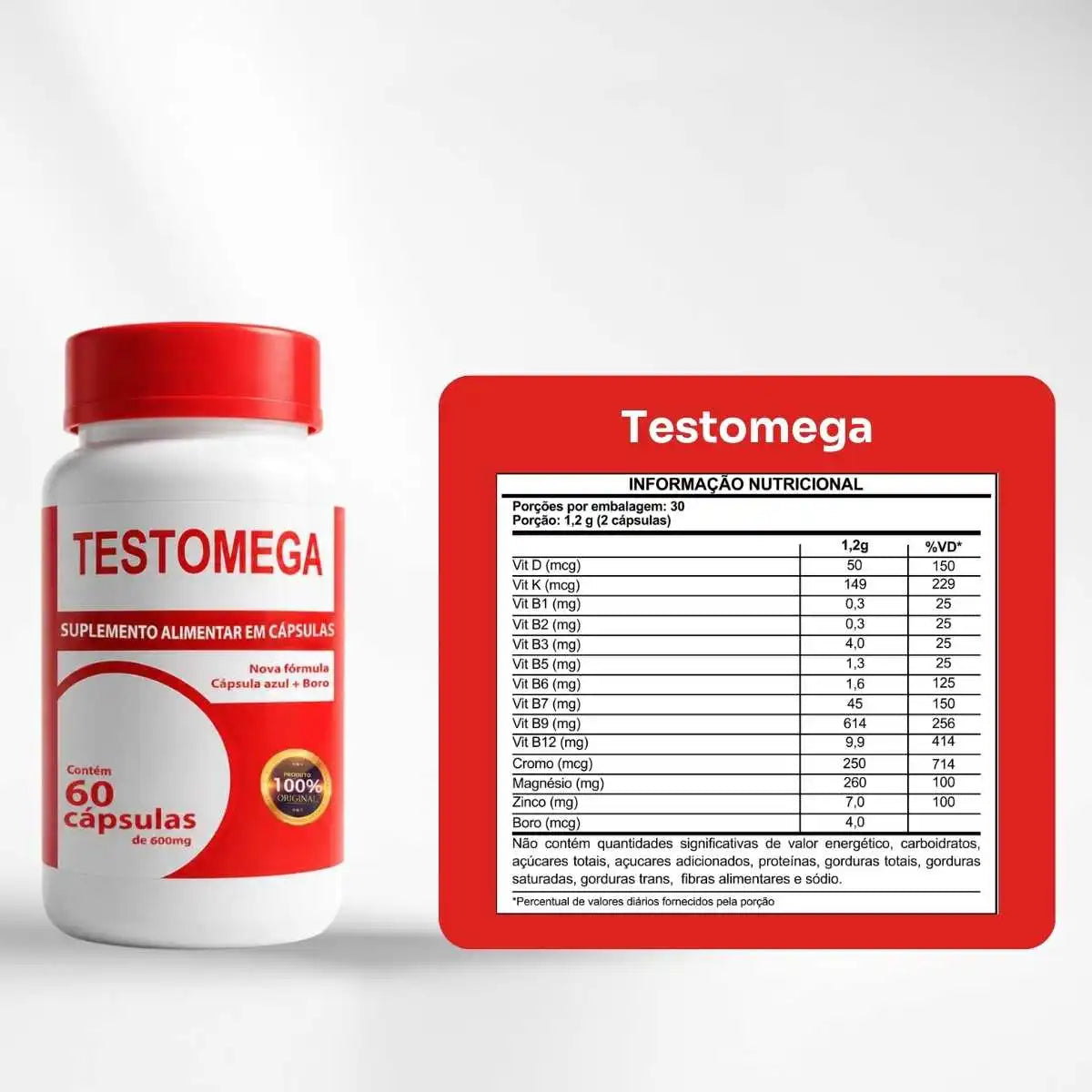 Testomega - Suplemento de Complexo B, Boro e Biotina - 600 mg - 60 Cápsulas